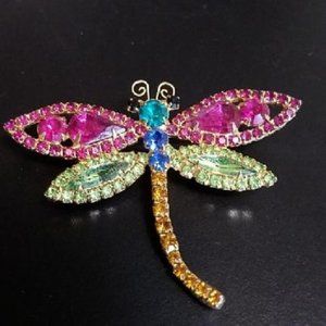 Vintage Multi Color Pastel Rhinestone Dragonfly Brooch